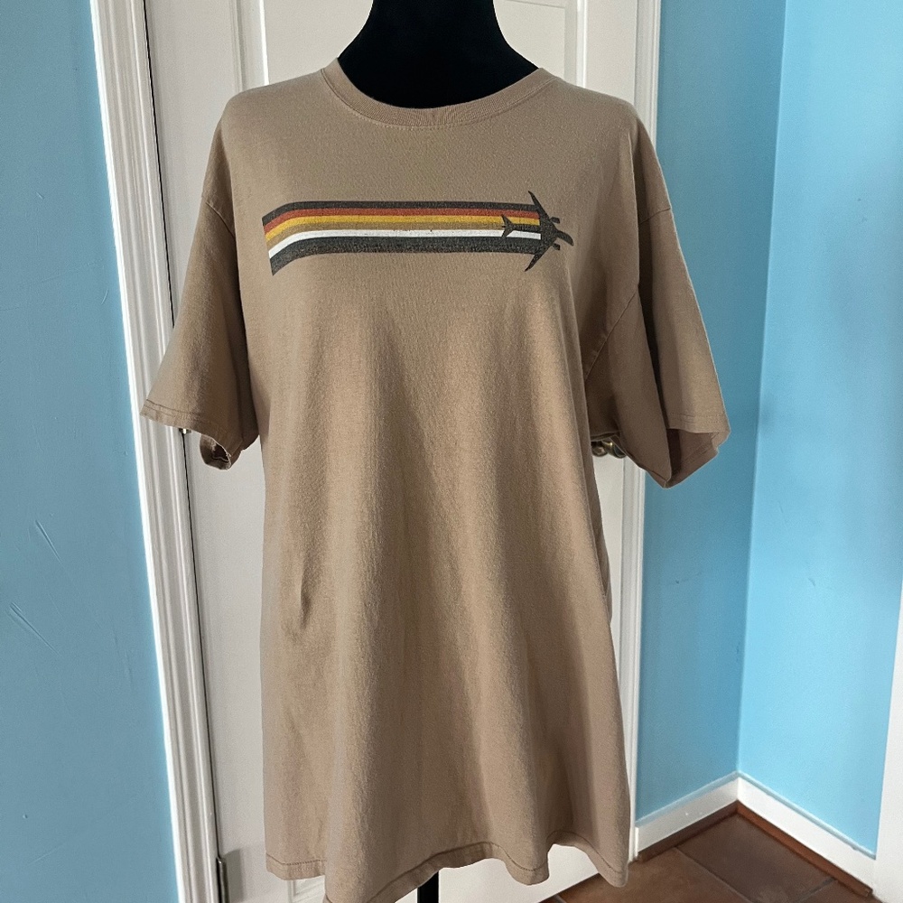 Mens Hanes Beige Tee Striped Plane Sz L